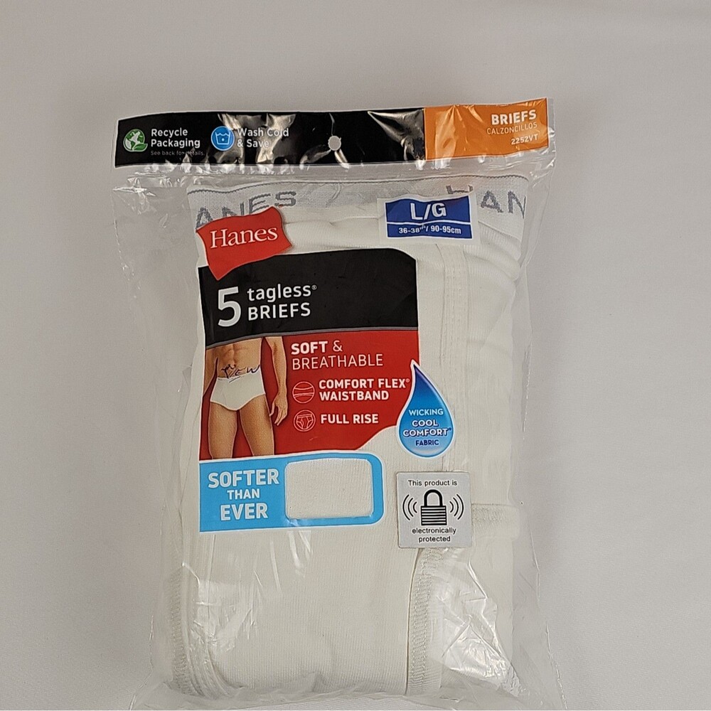 Hanes Men's Tagless Briefs Size L White 5 Pack ComfortFlex New in Package